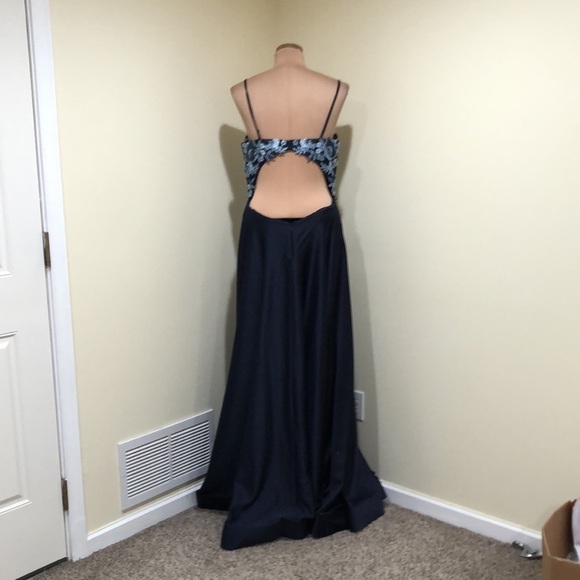 NWT La Femme Gown Size 14 Style 23881 Navy Blue Floral Cutout Maxi Dress - Picture 5 of 10